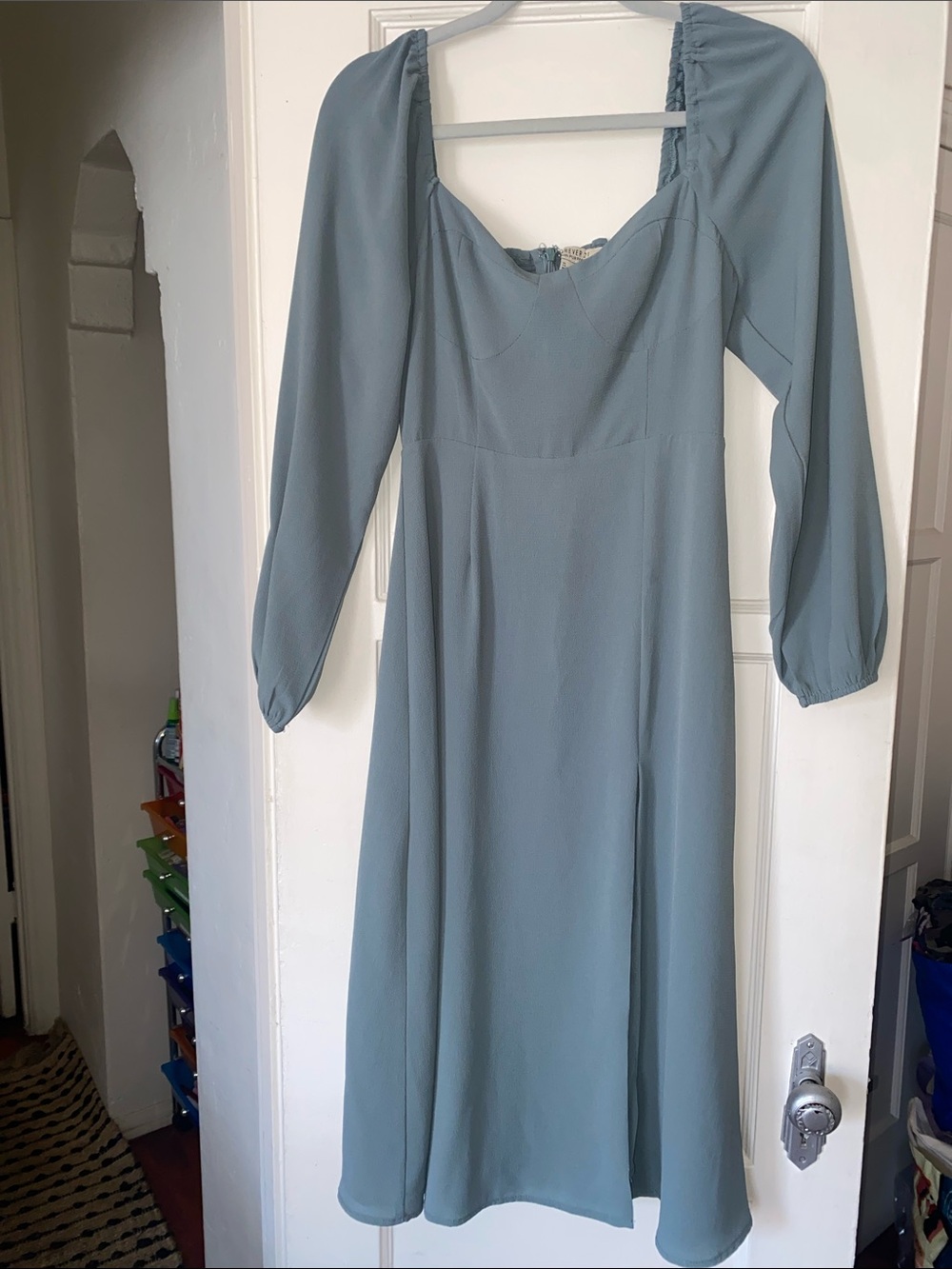 Forever 21 Dusty Blue Long Sleeve Midi Dress With Deep Front Slit